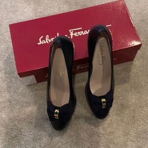 Salvatore Ferragamo Navy Blue Heels with Blue fabric ribbon and Gold Accent